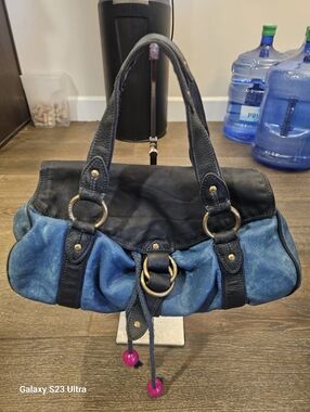 Marc Jacobs Vintage Blue and Black Hobo Draw String Bag.